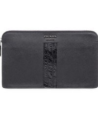 Prada Saffiano And Crocodile Leather Pouch Black