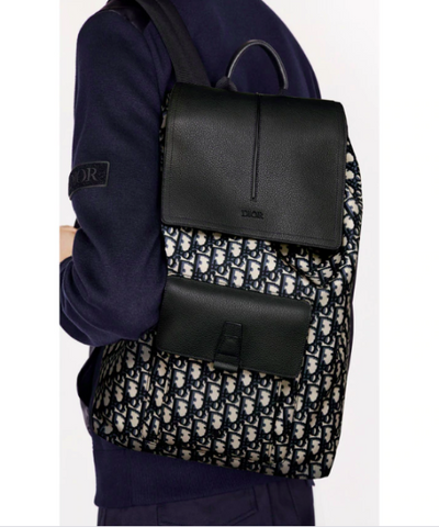 Dior Navy Blue Oblique Drawstring Motion Backpack Black/Beige
